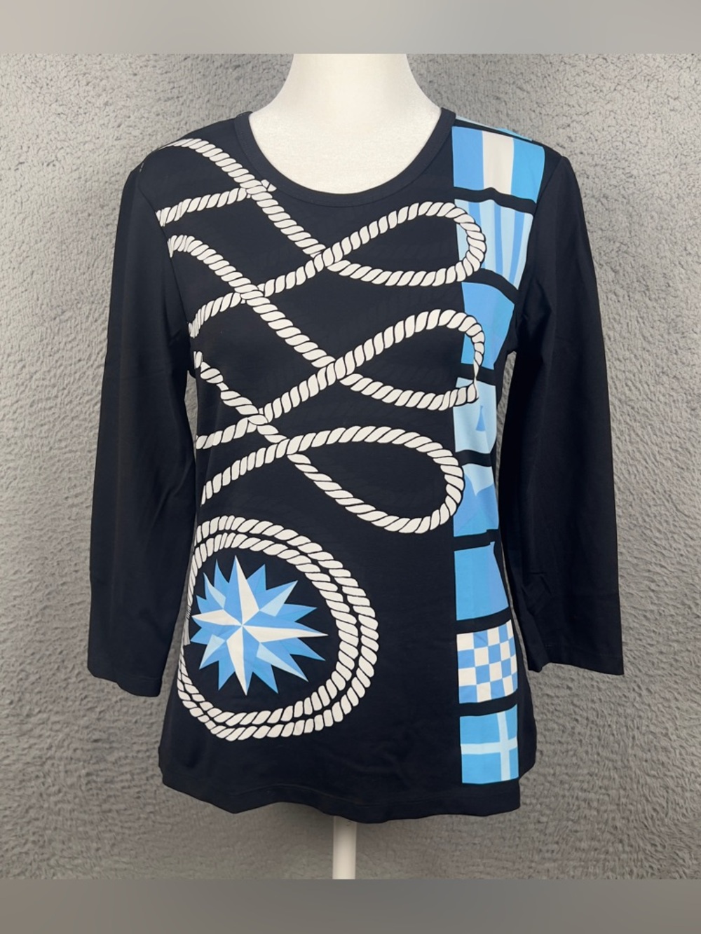 J Mclaughlin Top Womens Small Black Rope Geometric Catalina Cloth 3/4 Sleeve